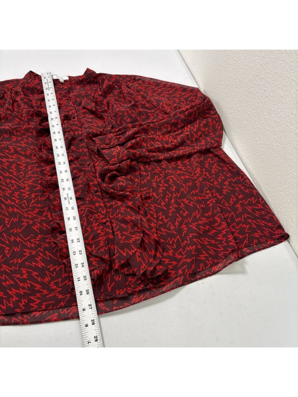 Reiss Pippa Ruffled Zig Zag Printed Blouse Womens 12 Red Semi-Sheer Top - Picture 11 of 12